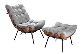 Kit Poltrona E Puff Costela Base Fixa Tecido Linho