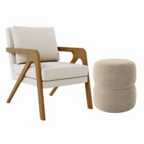 Kit Poltrona E Puff Decorativo Luxo Sala Escritório Rafa linho Bege Kit Poltrona E Puff Decorativo Luxo Sala Escritório Rafa linho Bege