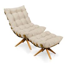 Kit Poltrona e Puff Giratória Costela Linho Bege Base Madeira para sala