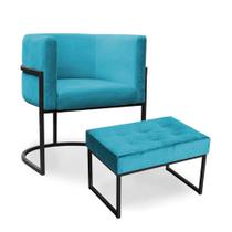 Kit Poltrona e Puff Luana Base Preto Veludo Azul Turquesa - Montanaris Decor Kit Poltrona e Puff Luana Base Preto Veludo Azul Turquesa - Montanaris Decor