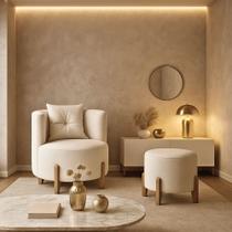 Kit Poltrona e Puff Luna Decorativa Curvo Orgânico Boucle Branco - Montanaris Decor