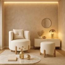 Kit Poltrona e Puff Luna Decorativa Curvo Orgânico Boucle Off White - Montanaris Decor