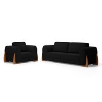 Kit Poltrona e Sofá Bloom 160cm 02 Lugares com Pés de Madeira Bouclê Preto - Abmaza Kit Poltrona e Sofá Bloom 160cm 02 Lugares com Pés de Madeira Bouclê Preto - Abmaza