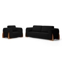 Kit Poltrona e Sofá Bloom 160cm 02 Lugares com Pés de Madeira Bouclê Preto - Desk Design