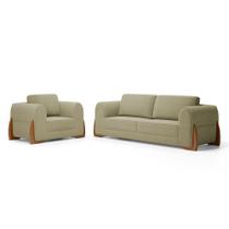 Kit Poltrona E Sofá Bloom 180cm 02 Lugares Com Pés De Madeira Bouclê Bege - Abmaza