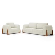 Kit Poltrona e Sofá Bloom 180cm 02 Lugares com Pés de Madeira Bouclê Off White - Abmaza Kit Poltrona e Sofá Bloom 180cm 02 Lugares com Pés de Madeira Bouclê Off White - Abmaza