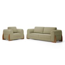 Kit Poltrona e Sofá Bloom 200cm 03 Lugares com Pés de Madeira Bouclê Bege - Desk Design Kit Poltrona e Sofá Bloom 200cm 03 Lugares com Pés de Madeira Bouclê Bege - Desk Design
