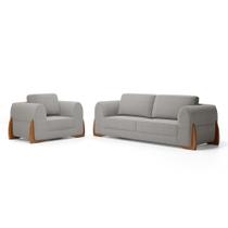Kit Poltrona e Sofá Bloom 200cm 03 Lugares com Pés de Madeira Bouclê Cinza - Abmaza Kit Poltrona e Sofá Bloom 200cm 03 Lugares com Pés de Madeira Bouclê Cinza - Abmaza
