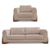 Kit Poltrona e Sofá Living 2 Lugares 1,60m Lottus Linho Areia Pés Castanho - Pallazio Kit Poltrona e Sofá Living 2 Lugares 1,60m Lottus Linho Areia Pés Castanho - Pallazio