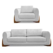 Kit Poltrona e Sofá Living 2 Lugares 1,60m Lottus Linho Cinza Pés Castanho - Pallazio Kit Poltrona e Sofá Living 2 Lugares 1,60m Lottus Linho Cinza Pés Castanho - Pallazio