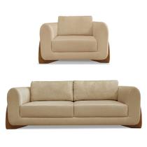 Kit Poltrona e Sofá Living 2 Lugares 1,60m Lottus Linho Dourado Pés Castanho - Pallazio Kit Poltrona e Sofá Living 2 Lugares 1,60m Lottus Linho Dourado Pés Castanho - Pallazio