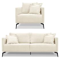 Kit Poltrona e Sofá Living 2 Lugares 1,60m Sirius Linho Natural Pés Metálicos - Pallazio