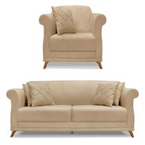 Kit Poltrona e Sofá Living 2 Lugares 1,60m Vênus Linho Dourado Pés Castanho - Pallazio Kit Poltrona e Sofá Living 2 Lugares 1,60m Vênus Linho Dourado Pés Castanho - Pallazio