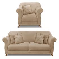 Kit Poltrona e Sofá Living 2 Lugares 1,60m Vênus Suede Pés Castanho - Pallazio