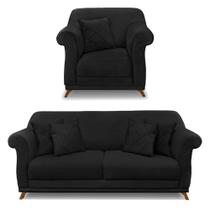 Kit Poltrona e Sofá Living 2 Lugares 1,60m Vênus Suede Preto Pés Castanho - Pallazio