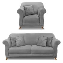 Kit Poltrona e Sofá Living 2 Lugares 1,60m Vênus Veludo Cinza Grafite Pés Castanho - Pallazio Kit Poltrona e Sofá Living 2 Lugares 1,60m Vênus Veludo Cinza Grafite Pés Castanho - Pallazio
