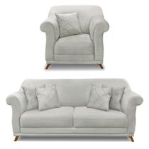 Kit Poltrona e Sofá Living 2 Lugares 1,60m Vênus Veludo Cinza Prata Pés Castanho - Pallazio Kit Poltrona e Sofá Living 2 Lugares 1,60m Vênus Veludo Cinza Prata Pés Castanho - Pallazio