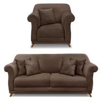 Kit Poltrona e Sofá Living 2 Lugares 1,60m Vênus Veludo Marrom Pés Castanho - Pallazio Kit Poltrona e Sofá Living 2 Lugares 1,60m Vênus Veludo Marrom Pés Castanho - Pallazio