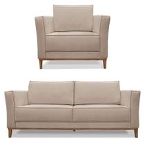 Kit Poltrona e Sofá Living 2 Lugares 1,70m Vega Linho Areia Pés Castanho - Pallazio Kit Poltrona e Sofá Living 2 Lugares 1,70m Vega Linho Areia Pés Castanho - Pallazio