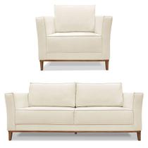 Kit Poltrona e Sofá Living 2 Lugares 1,70m Vega Linho Natural Pés Castanho - Pallazio Kit Poltrona e Sofá Living 2 Lugares 1,70m Vega Linho Natural Pés Castanho - Pallazio