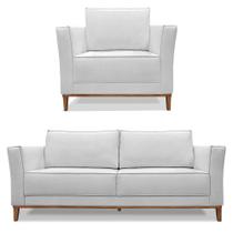 Kit Poltrona e Sofá Living 2 Lugares 1,70m Vega Linho Pés Castanho - Pallazio