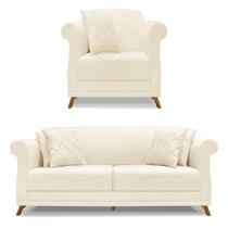 Kit Poltrona e Sofá Living 2 Lugares 1,80m Vênus Linho Bege Pés Castanho - Pallazio