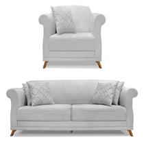 Kit Poltrona e Sofá Living 2 Lugares 1,80m Vênus Linho Cinza Pés Castanho - Pallazio Kit Poltrona e Sofá Living 2 Lugares 1,80m Vênus Linho Cinza Pés Castanho - Pallazio
