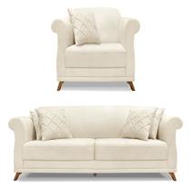 Kit Poltrona e Sofá Living 2 Lugares 1,80m Vênus Linho Natural Pés Castanho - Pallazio Kit Poltrona e Sofá Living 2 Lugares 1,80m Vênus Linho Natural Pés Castanho - Pallazio