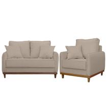 Kit Poltrona e Sofa Sena 2 Lugar Base de Madeira para Sala Hotel Linho Bege Kit Poltrona e Sofa Sena 2 Lugar Base de Madeira para Sala Hotel Linho Bege