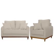 Kit Poltrona e Sofa Sena 2 Lugar Base de Madeira para Sala Hotel Linho Palha