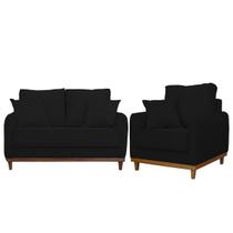Kit Poltrona e Sofa Sena 2 Lugar Base de Madeira para Sala Hotel Linho Preto