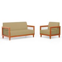 Kit Poltrona E Sofá Varanda Samoa Madeira Maciça Com Cordas Náutica Linho Dourado - Abmaza