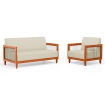 Kit Poltrona e Sofá Varanda Samoa Madeira Maciça com Cordas Náutica Linho Pérola - Desk Design