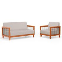 Kit Poltrona E Sofá Varanda Samoa Madeira Maciça Com Cordas Náutica Linho Rústico Areia - Abmaza Kit Poltrona E Sofá Varanda Samoa Madeira Maciça Com Cordas Náutica Linho Rústico Areia - Abmaza