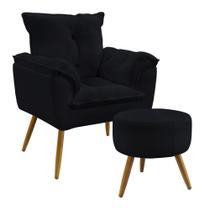 Kit Poltrona Estofada Decorativa Beta e Puff Solar com Pés Palito N-024 Veludo Preto Aradecor