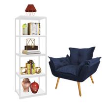 Kit Poltrona Fatte com Estante Livreiro Ferro Branco MDF Branco Suede Azul Marinho - Ahazzo Móveis