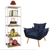 Kit Poltrona Fatte com Estante Livreiro Ferro Branco MDF Caramelo Suede Azul Marinho - Ahazzo Móveis