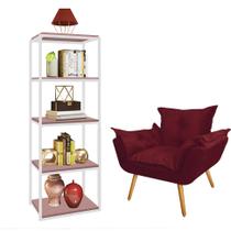 Kit Poltrona Fatte com Estante Livreiro Ferro Branco MDF Rose Suede Bordô - Ahazzo Móveis