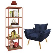 Kit Poltrona Fatte com Estante Livreiro Ferro Bronze MDF Caramelo Suede Azul Marinho - Ahazzo Móveis