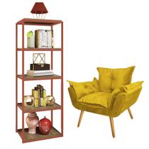 Kit Poltrona Fatte com Estante Livreiro Ferro Bronze MDF Freijó Suede Amarelo - Ahazzo Móveis