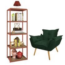 Kit Poltrona Fatte com Estante Livreiro Ferro Bronze MDF Rústico Suede Verde Musgo - Ahazzo Móveis