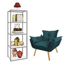 Kit Poltrona Fatte com Estante Livreiro Ferro Cinza MDF Branco Suede Azul Turquesa - Ahazzo Móveis