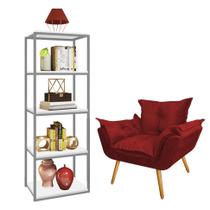 Kit Poltrona Fatte com Estante Livreiro Ferro Cinza MDF Branco Suede Vermelho - Ahazzo Móveis