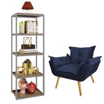 Kit Poltrona Fatte com Estante Livreiro Ferro Cinza MDF Castanho Suede Azul Marinho - Ahazzo Móveis