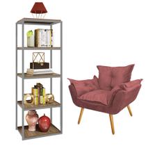 Kit Poltrona Fatte com Estante Livreiro Ferro Cinza MDF Nogal Suede Rose Gold - Ahazzo Móveis