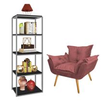 Kit Poltrona Fatte com Estante Livreiro Ferro Cinza MDF Preto Suede Rose Gold - Ahazzo Móveis