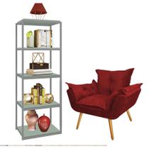 Kit Poltrona Fatte com Estante Livreiro Ferro Cinza MDF Verde Oliva Suede Vermelho - Ahazzo Móveis