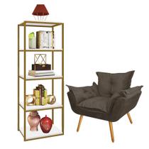 Kit Poltrona Fatte com Estante Livreiro Ferro Dourado MDF Branco Suede Cinza - Ahazzo Móveis