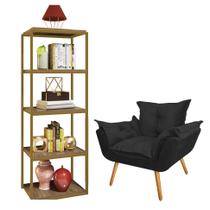 Kit Poltrona Fatte com Estante Livreiro Ferro Dourado MDF Caramelo Suede Preto - Ahazzo Móveis