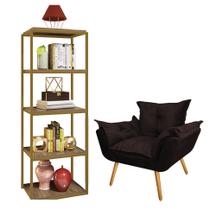 Kit Poltrona Fatte com Estante Livreiro Ferro Dourado MDF Castanho Suede Marrom - Ahazzo Móveis